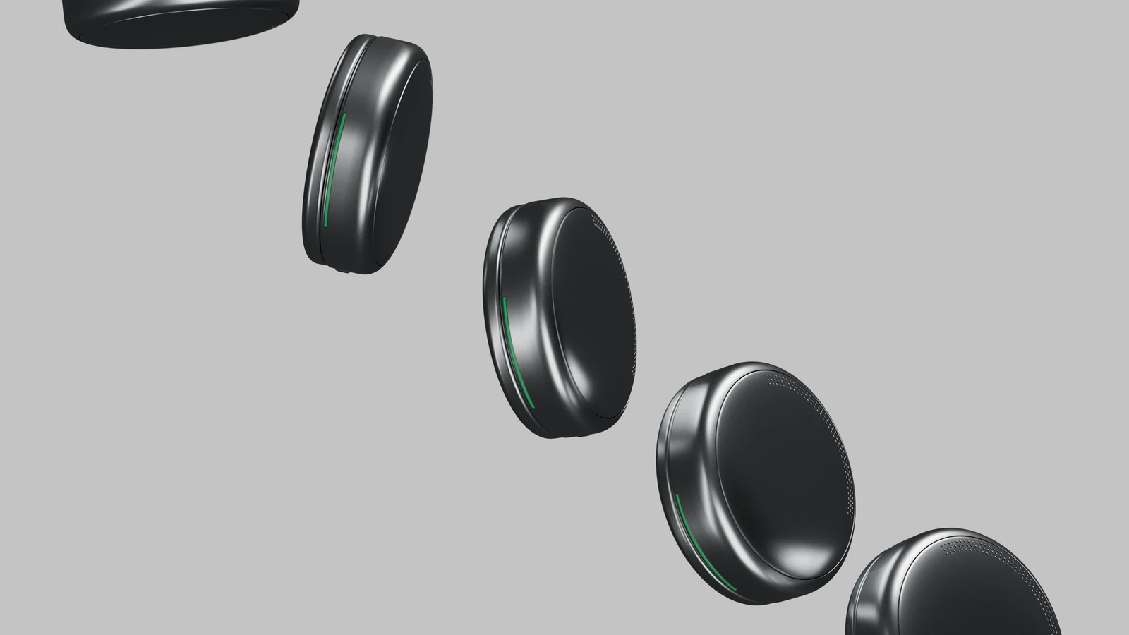 A cascading arrangement of dark aluminum Pod pendants with green light details