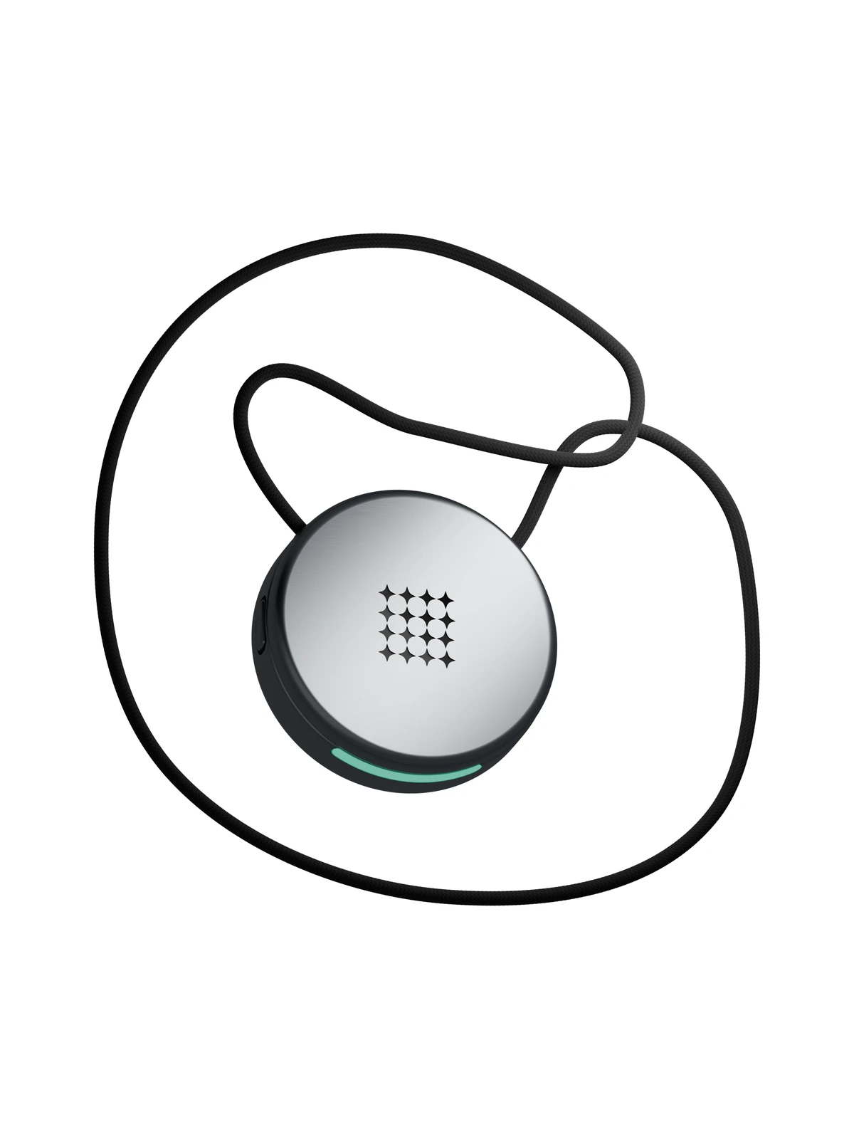 Close-up of the Pod’s engraved star logo, aluminum body, and braided cord